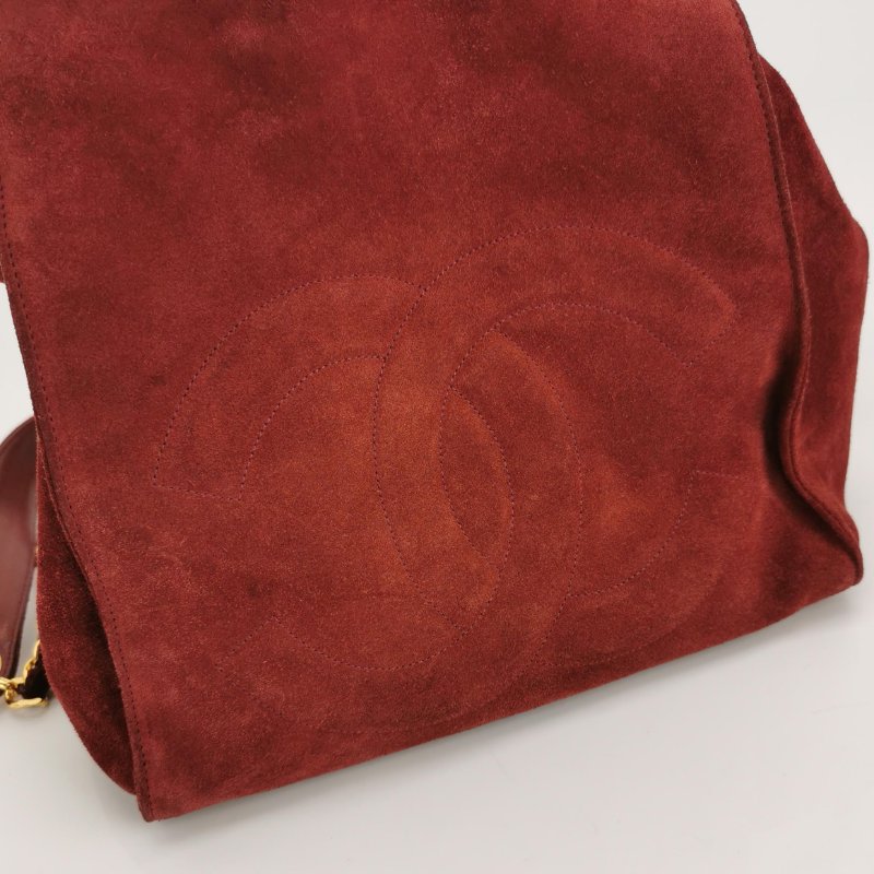 9❤Chanel香奈兒紅色翻毛皮雙C抽繩中古水桶單肩子母包-8