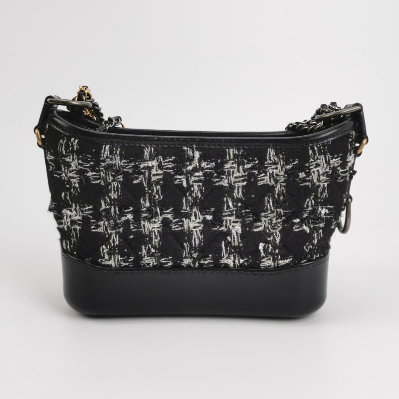 95❤Chanel Gabrielle香奈兒流浪包小號油蠟皮黑白毛呢雙鏈條單肩包-4