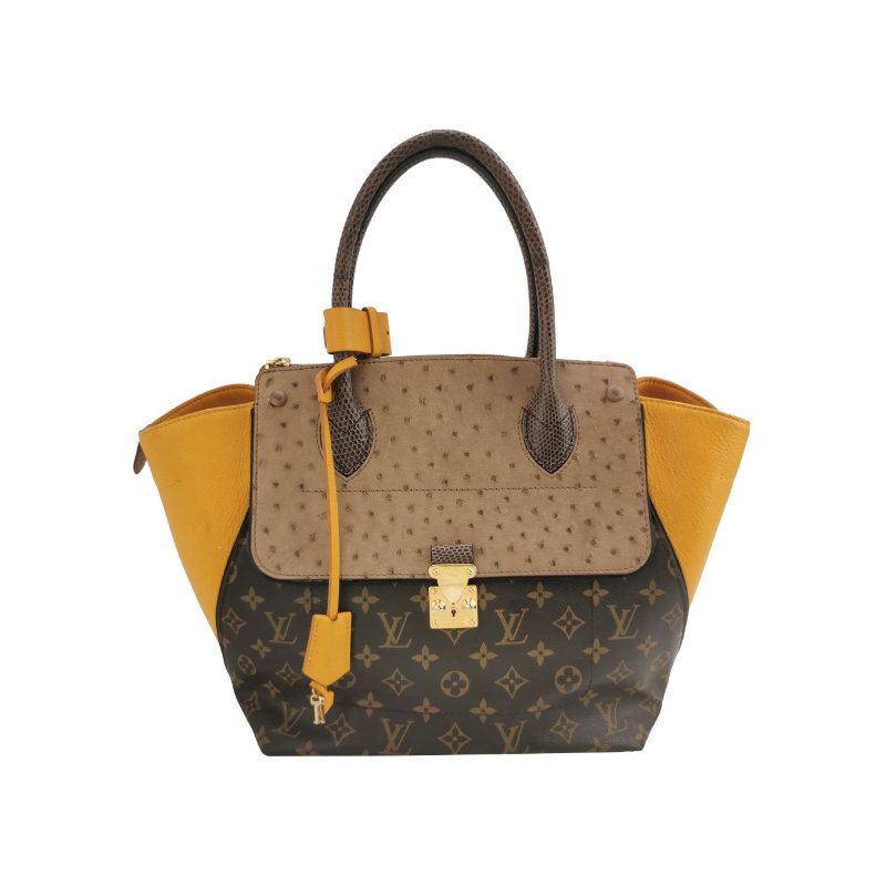 9❤Louis Vuitton Majestueux LV牛皮蜥蜴皮鴕鳥皮老花金扣秋千包手提包-0