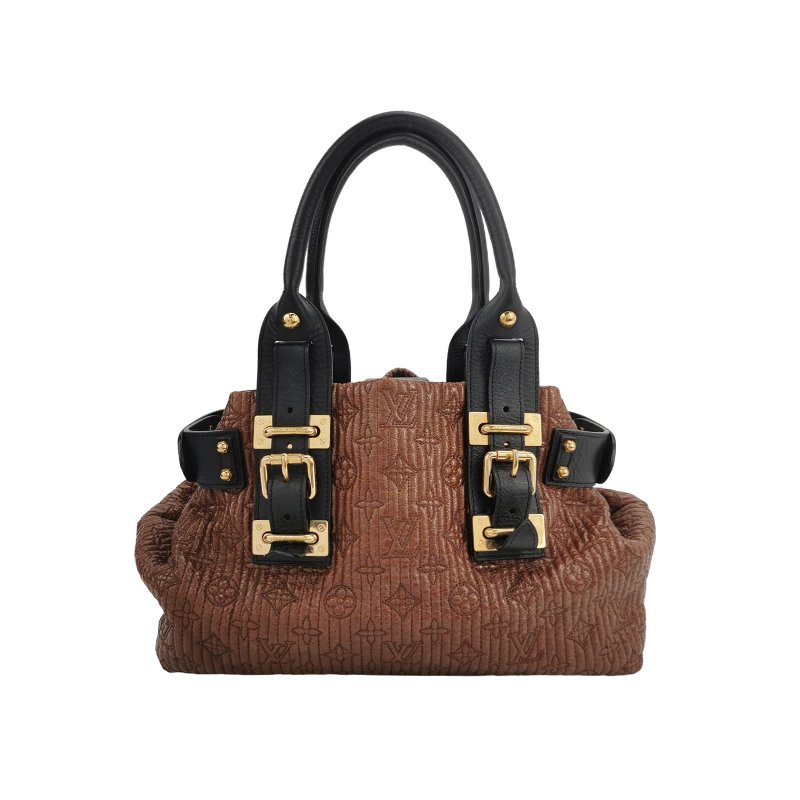 9❤Louis Vuitton 棕色LV牛皮油蠟皮拼色老花手提包-0