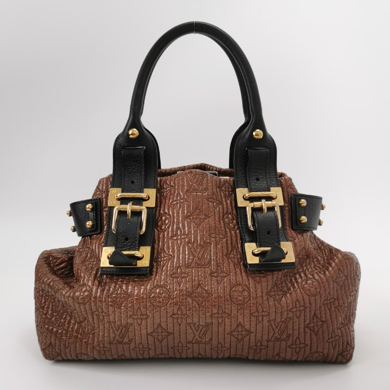 9❤Louis Vuitton 棕色LV牛皮油蠟皮拼色老花手提包-4