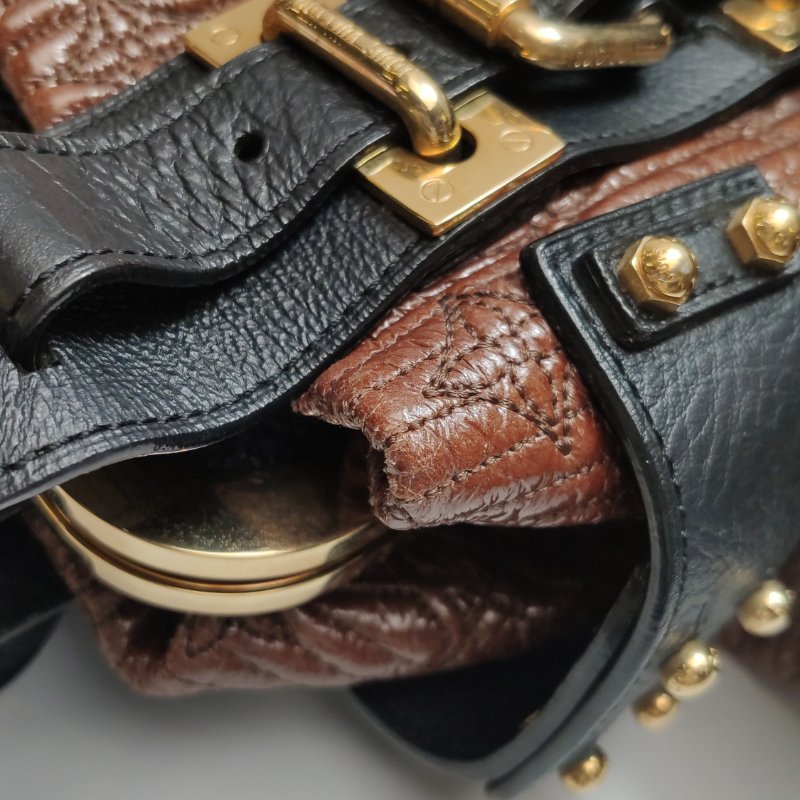 9❤Louis Vuitton 棕色LV牛皮油蠟皮拼色老花手提包-10