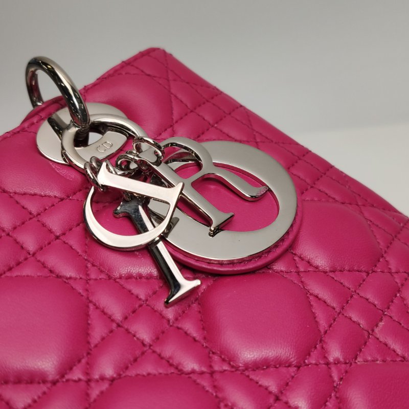 9❤DIOR 迪奧戴妃中號玫紅色羊皮單肩包-10