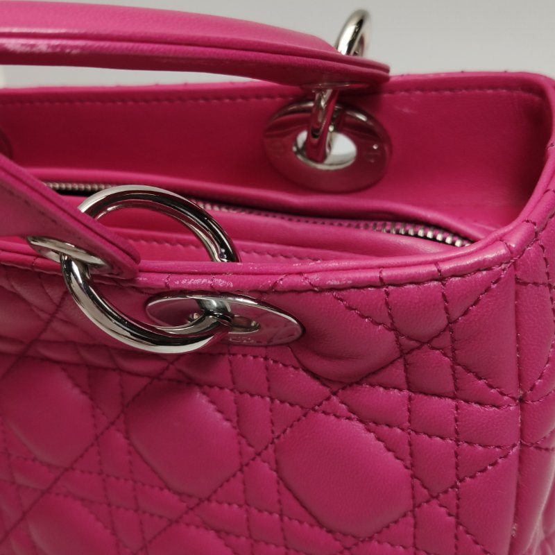 9❤DIOR 迪奧戴妃中號玫紅色羊皮單肩包-12