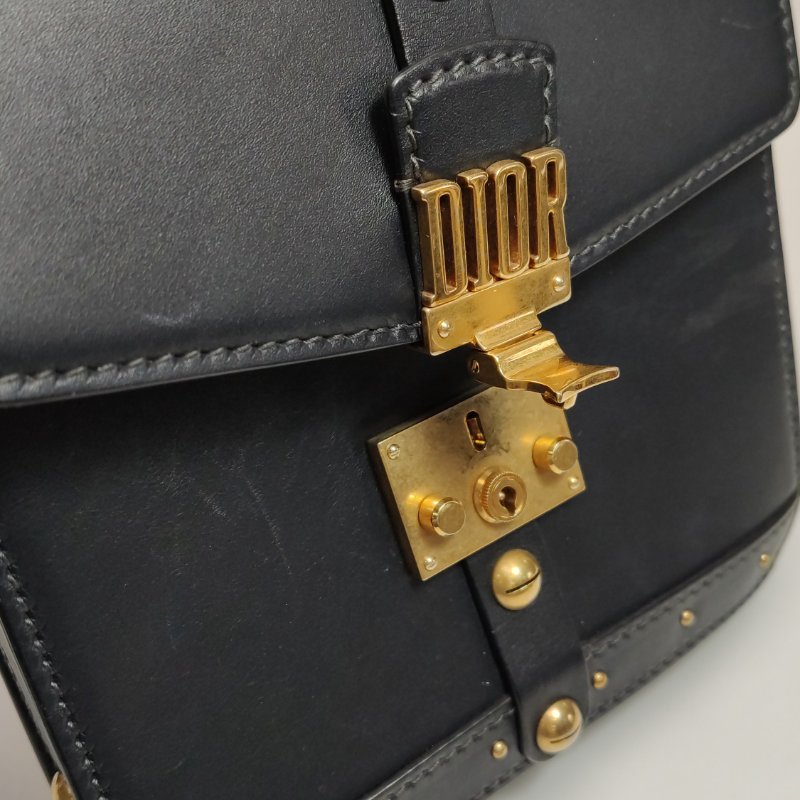 9❤DIOR黑色牛皮金色鎖扣斜挎包單肩包-14