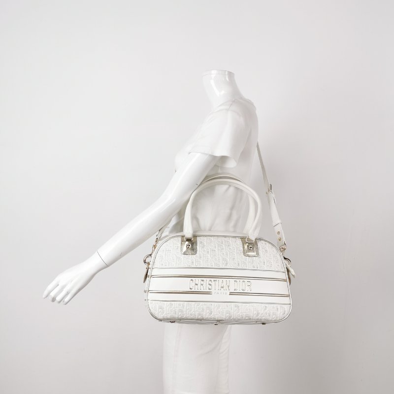 95❤DIOR Vibe中號白色迪奧牛皮保齡球包斜挎包肩帶包-1