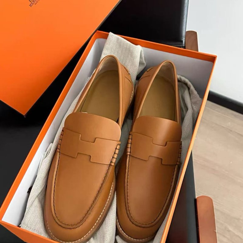 hermes guillaume金棕色牛皮男款樂福鞋  全新配件塵袋盒子-4