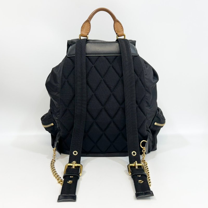 BURBERRY 黑色尼龍拚棕皮革金釦大號後背包-3