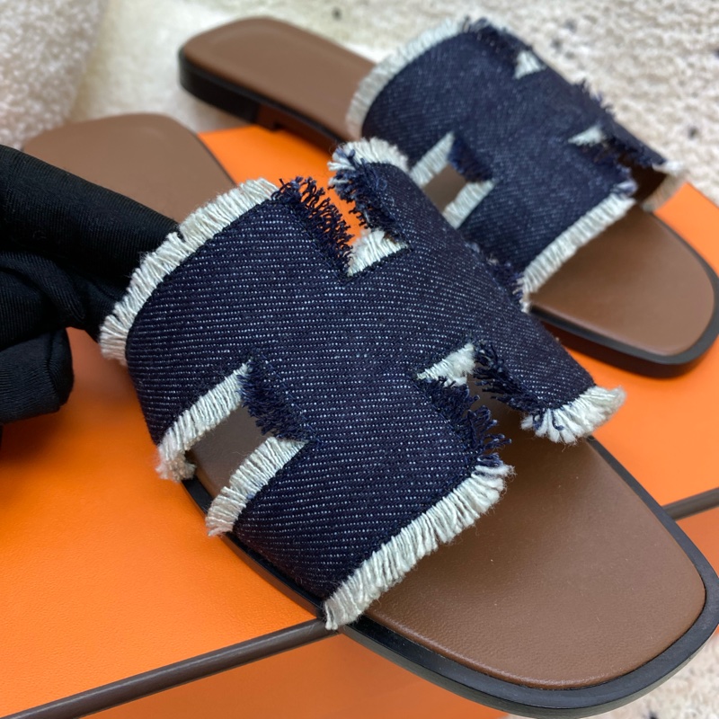 🐯愛馬仕平底拖鞋亞麻牛仔色-1