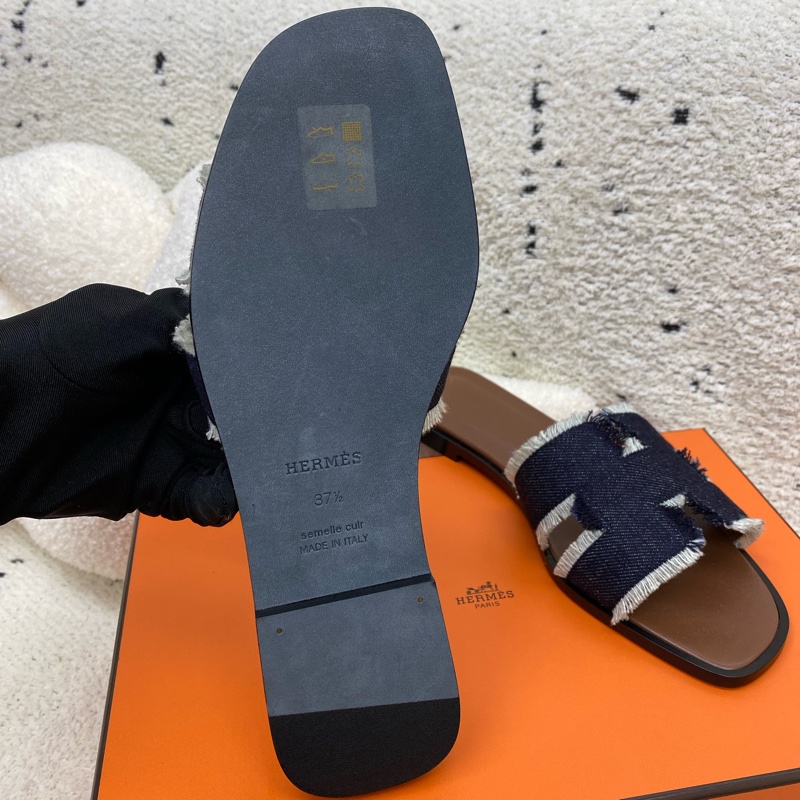🐯愛馬仕平底拖鞋亞麻牛仔色-2