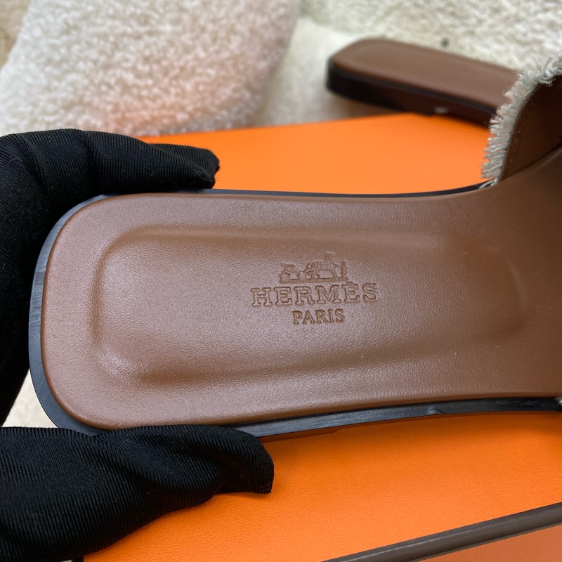 🐯愛馬仕平底拖鞋亞麻牛仔色-3