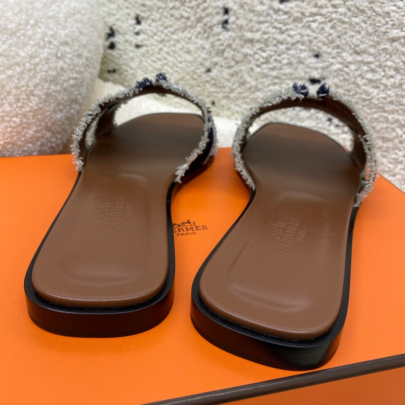 🐯愛馬仕平底拖鞋亞麻牛仔色-4