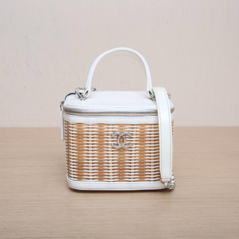 CHANEL(香奈兒) 白色 竹編 29開 銀扣 手提盒子化妝包 14CM 斜挎鏈條包-0
