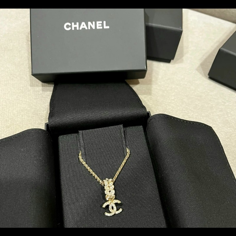 香奈兒Chanel 滿鑽 麥穗吊飾雙C logo 項鍊-10