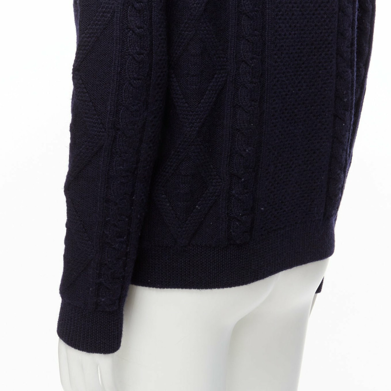 APC 100% wool navy blue fisherman cable knit crew neck long sleeve sweater S-6