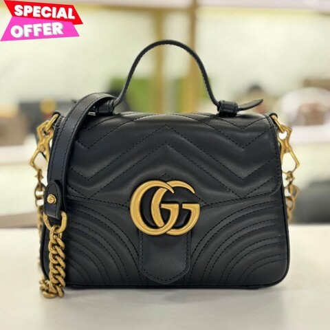🎁特價🎁Gucci 547260 迷你 GG Marmont 包 - 黑色絎縫V型皮革