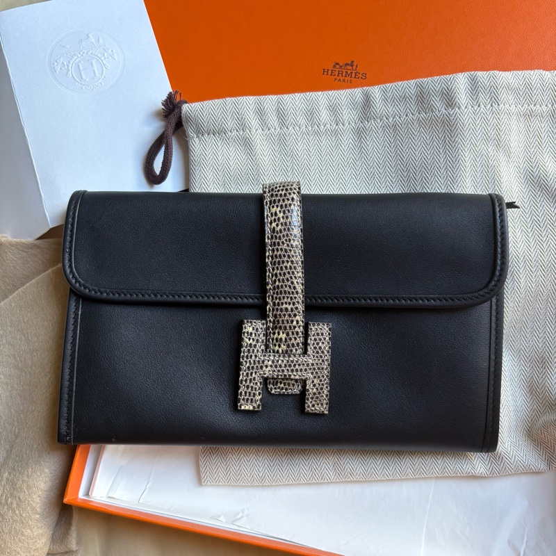 愛馬仕Hermes jige duo touch 長夾/手拿包/宴會包woc黑色拼蜥蜴皮原色-0