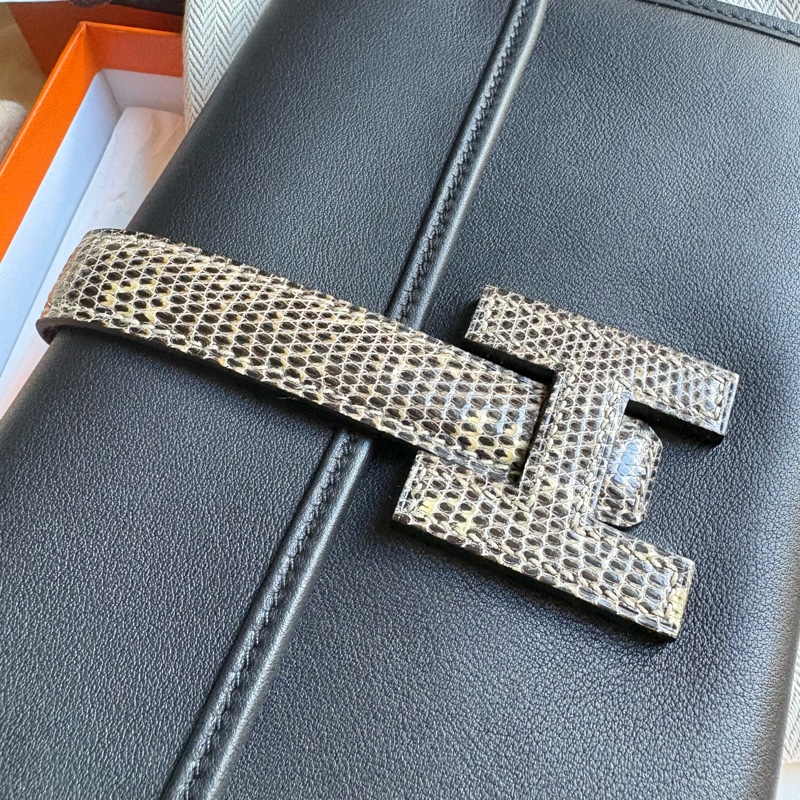 愛馬仕Hermes jige duo touch 長夾/手拿包/宴會包woc黑色拼蜥蜴皮原色-1