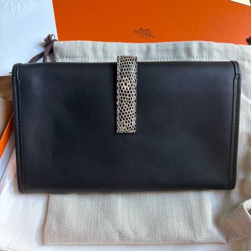 愛馬仕Hermes jige duo touch 長夾/手拿包/宴會包woc黑色拼蜥蜴皮原色-2