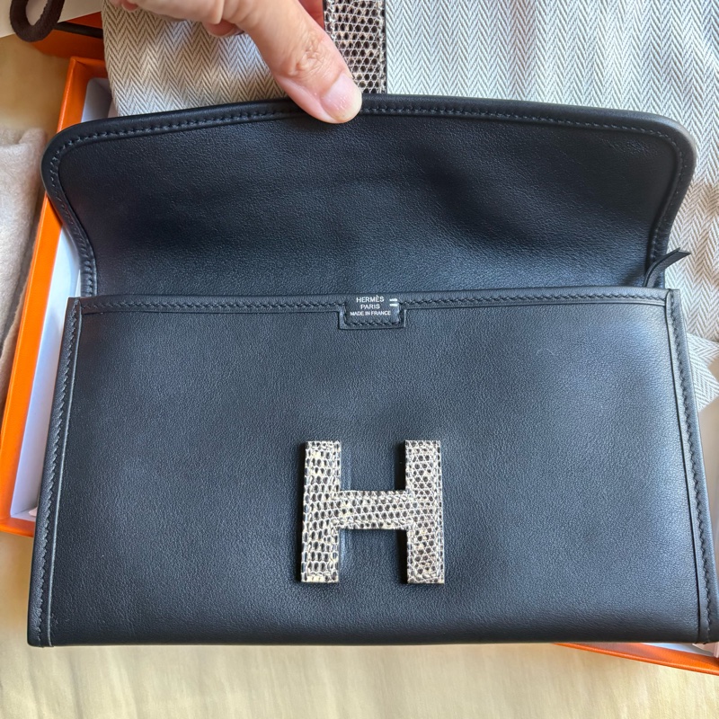 愛馬仕Hermes jige duo touch 長夾/手拿包/宴會包woc黑色拼蜥蜴皮原色-3