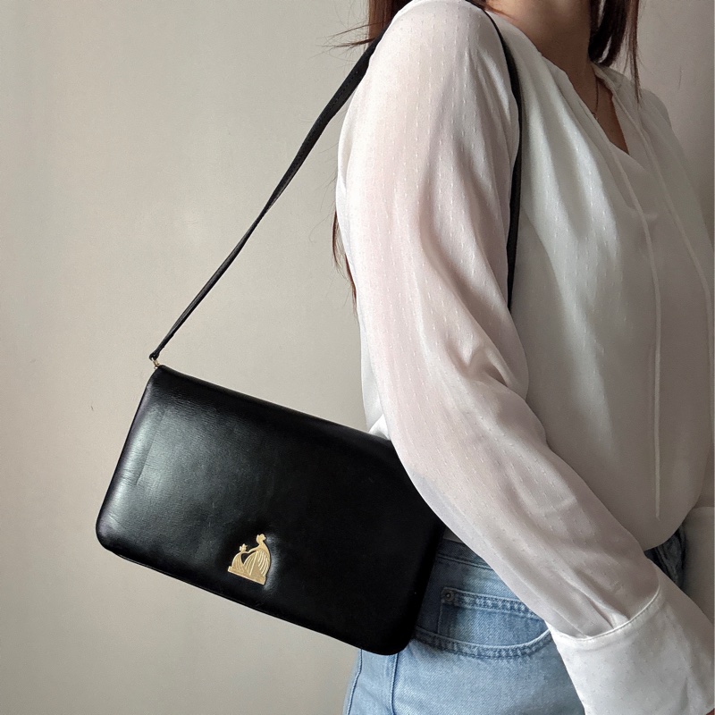 法國製 Lanvin 浪梵 肩背包 腋下包 真皮 牛皮 黑色 通勤包-0