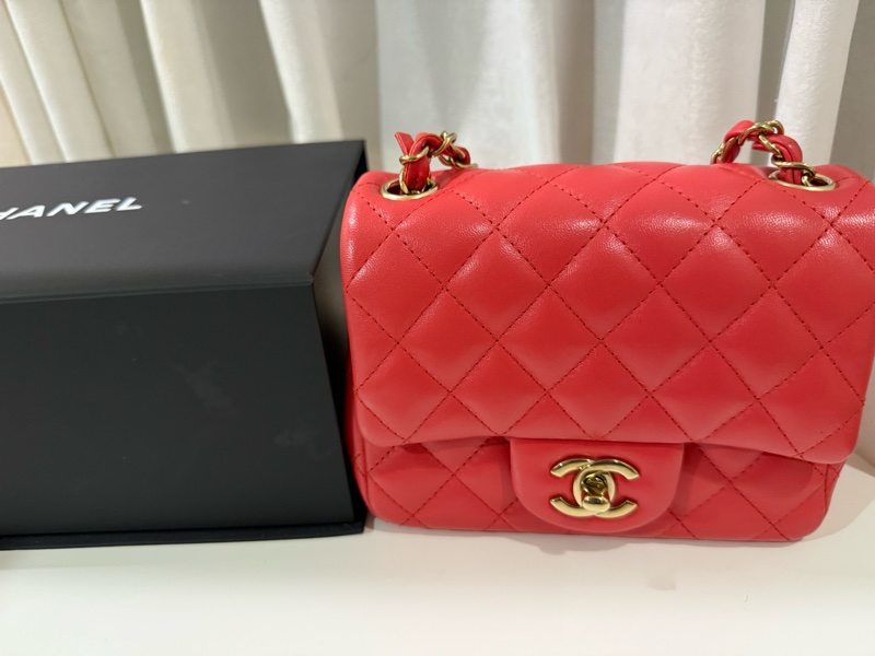 全新全配🖤CHANEL 經典款❤️甜美紅色方胖子芯片款-0