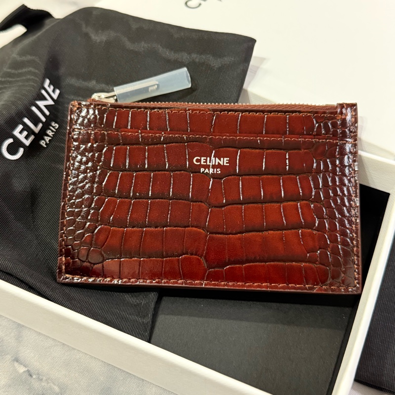Celine 酒紅鱷魚壓紋牛皮拉鍊卡夾-0