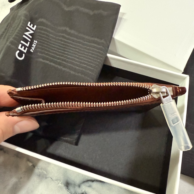 Celine 酒紅鱷魚壓紋牛皮拉鍊卡夾-4
