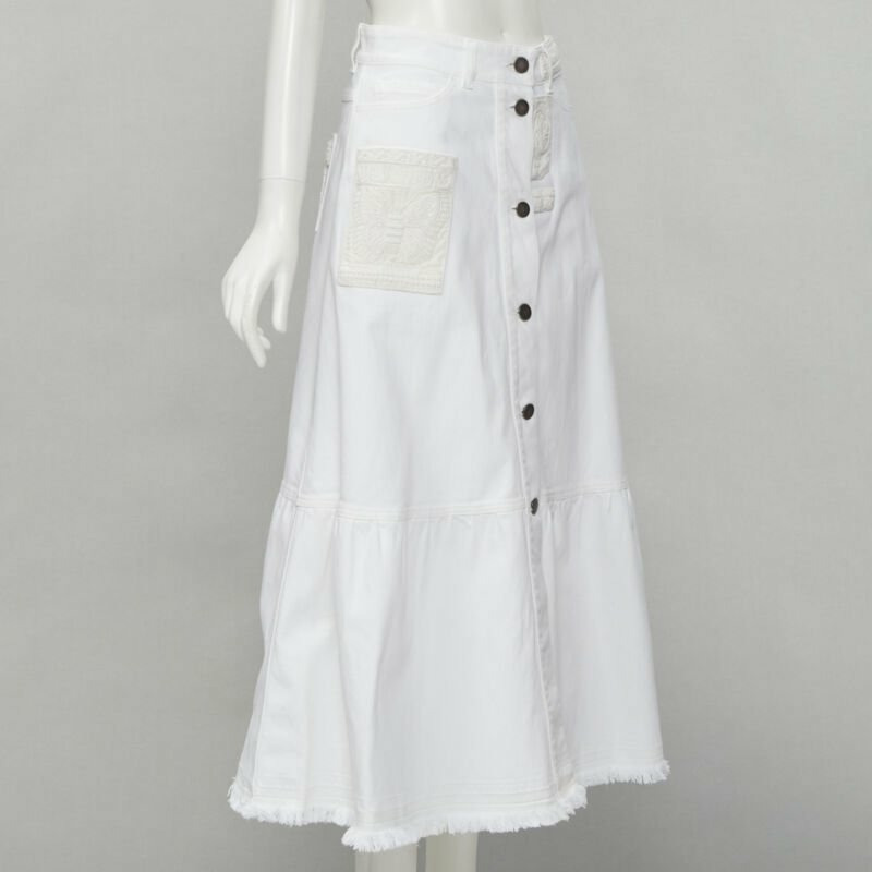 VALENTINO white denim butterfly bead embellished patch raw midi skirt IT38 XS-2