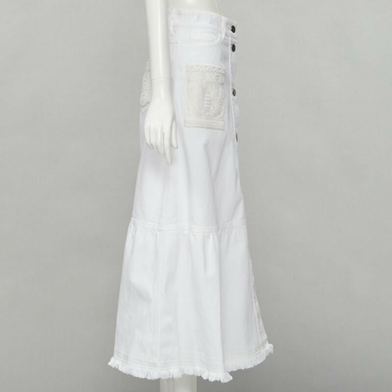 VALENTINO white denim butterfly bead embellished patch raw midi skirt IT38 XS-3