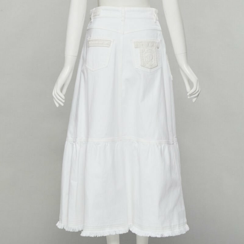 VALENTINO white denim butterfly bead embellished patch raw midi skirt IT38 XS-4