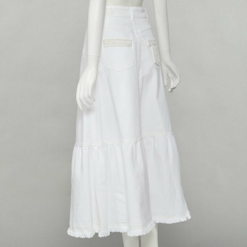 VALENTINO white denim butterfly bead embellished patch raw midi skirt IT38 XS-5