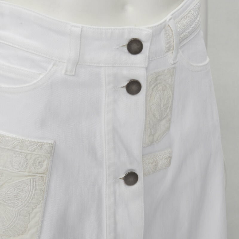 VALENTINO white denim butterfly bead embellished patch raw midi skirt IT38 XS-6