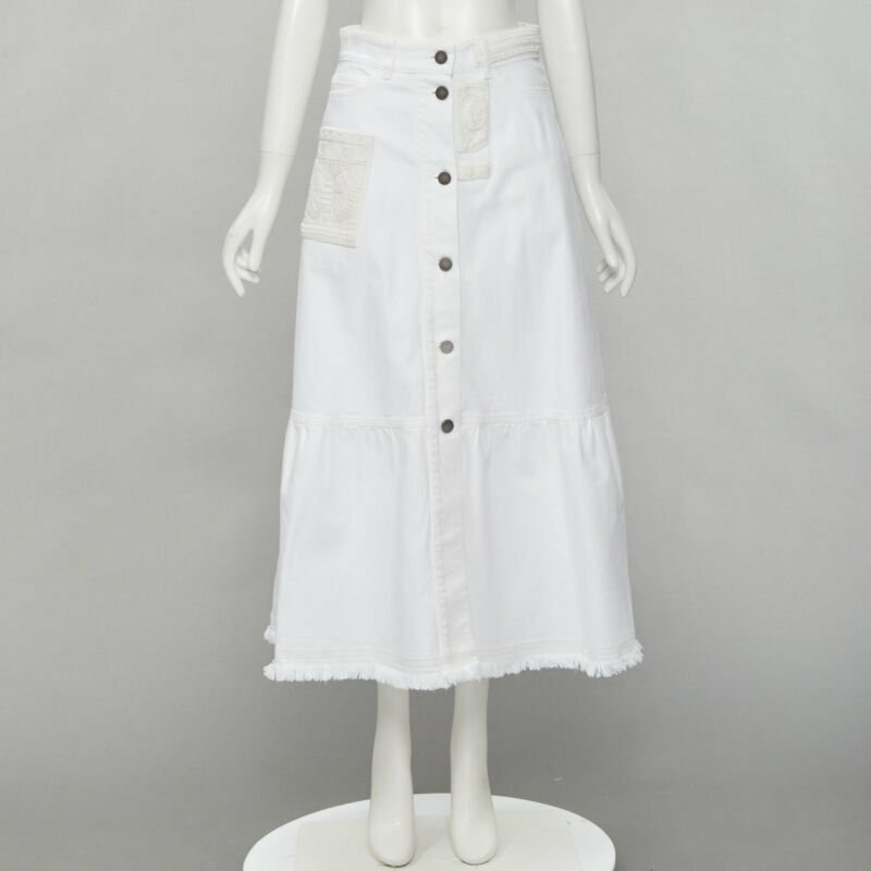 VALENTINO white denim butterfly bead embellished patch raw midi skirt IT38 XS-10