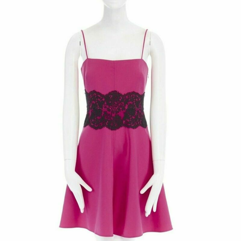 VALENTINO pink wool blend black lace trimmed waist flared skirt dress IT42 M-0