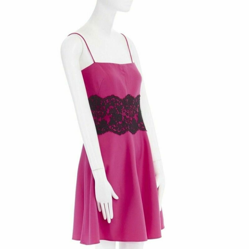 VALENTINO pink wool blend black lace trimmed waist flared skirt dress IT42 M-3