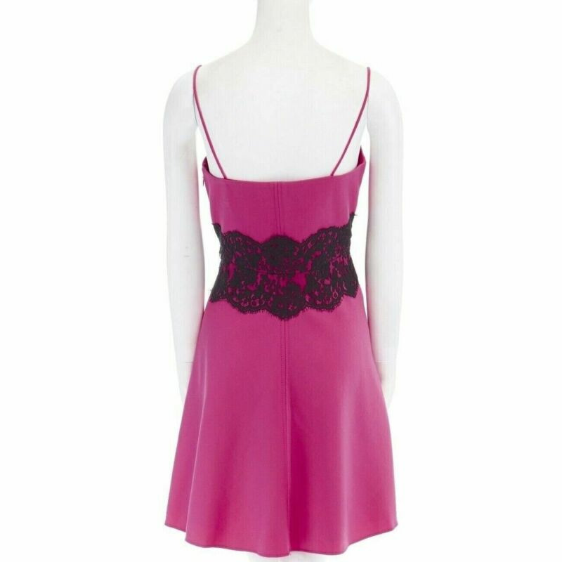VALENTINO pink wool blend black lace trimmed waist flared skirt dress IT42 M-5
