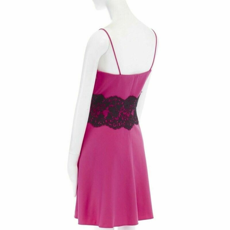 VALENTINO pink wool blend black lace trimmed waist flared skirt dress IT42 M-6