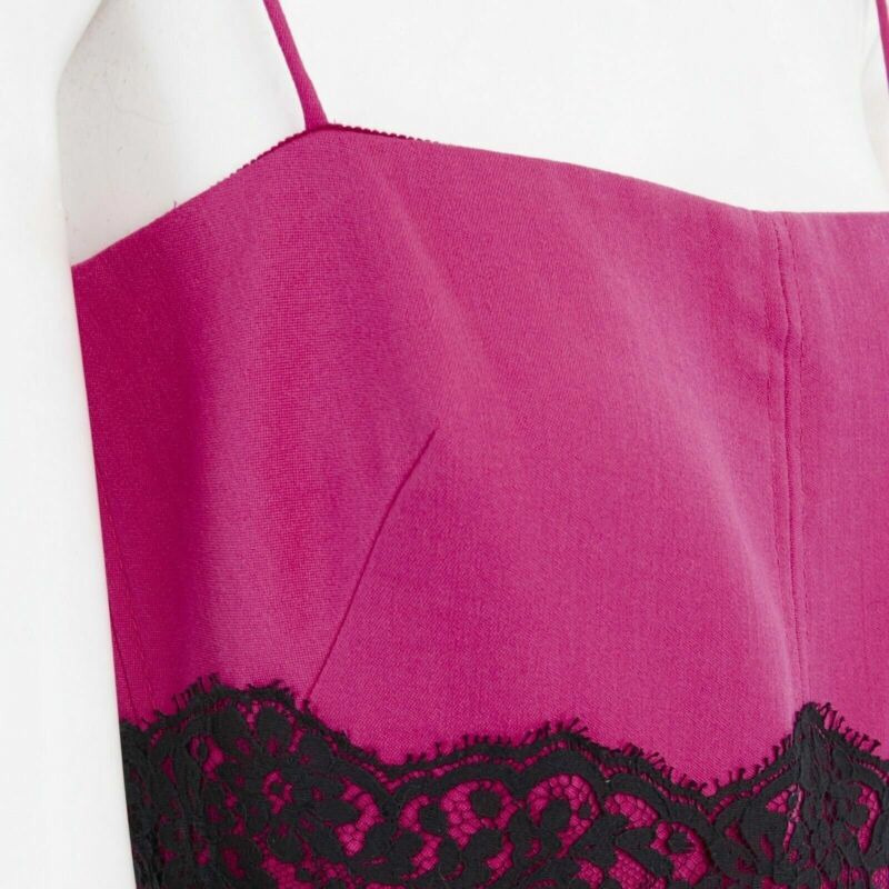 VALENTINO pink wool blend black lace trimmed waist flared skirt dress IT42 M-8