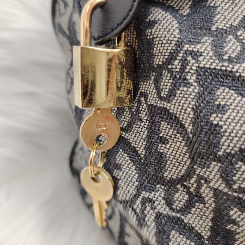 Dior 波士頓 藍色拼灰色 老花 牛皮拼帆布 小號-6