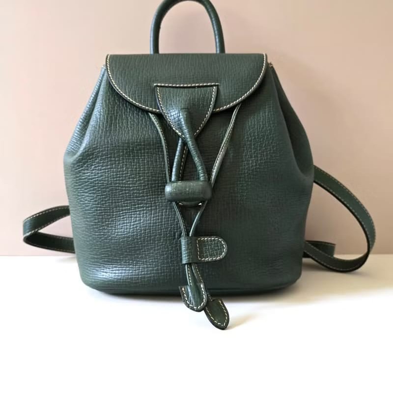 【LA LUNE】絕版古董包 Loewe 橄欖綠旋轉扣後背包 雙肩包 皮革包 中古二手包-0