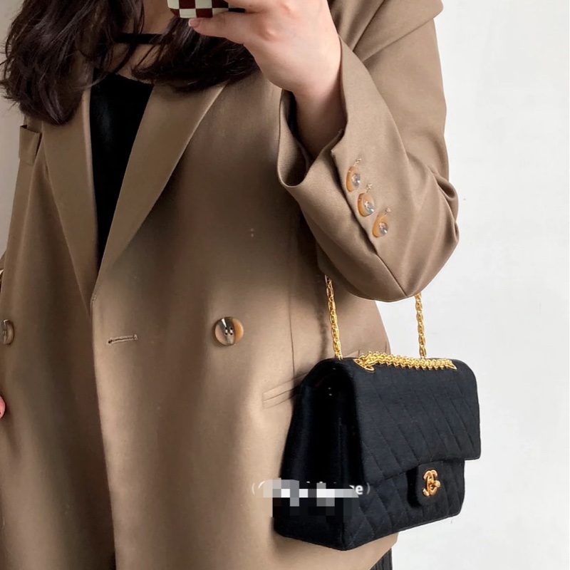 「JL精品代購」9新 香奈兒黑色棉制CF金鏈包-1