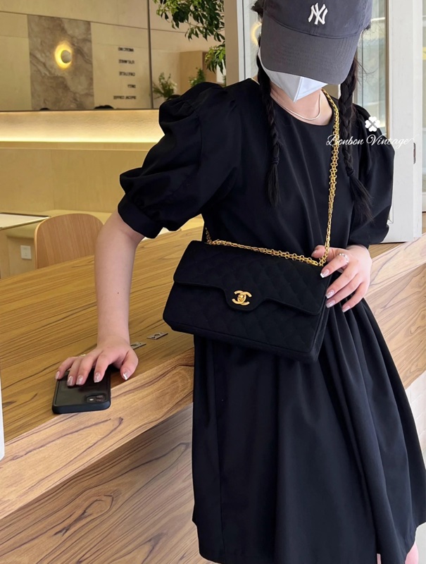 「JL精品代購」9新 香奈兒黑色棉制CF金鏈包-2