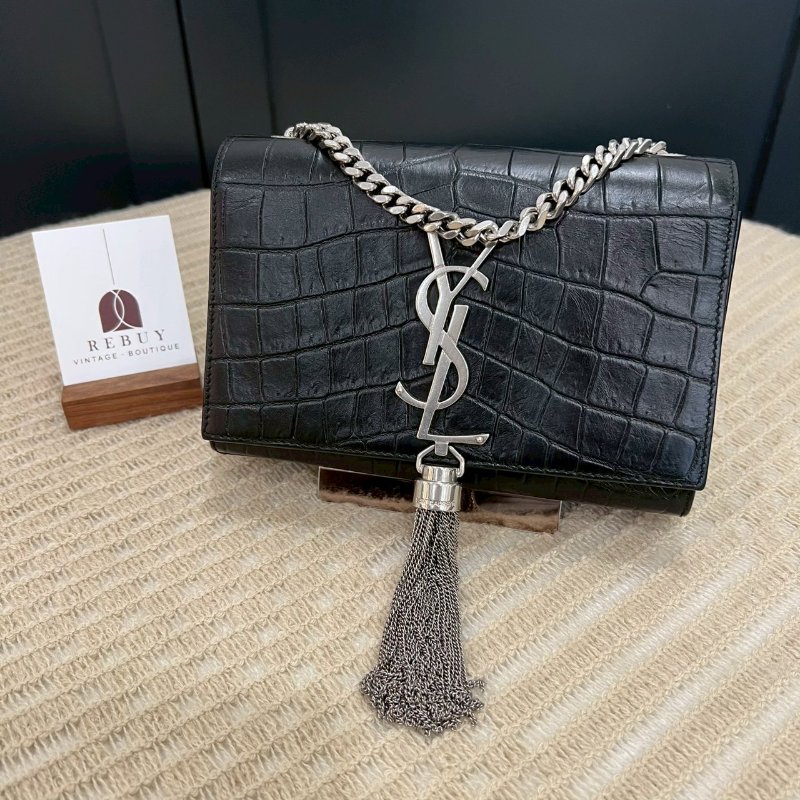 YSL 黑銀鱷魚紋流蘇kate mini鏈條包-0