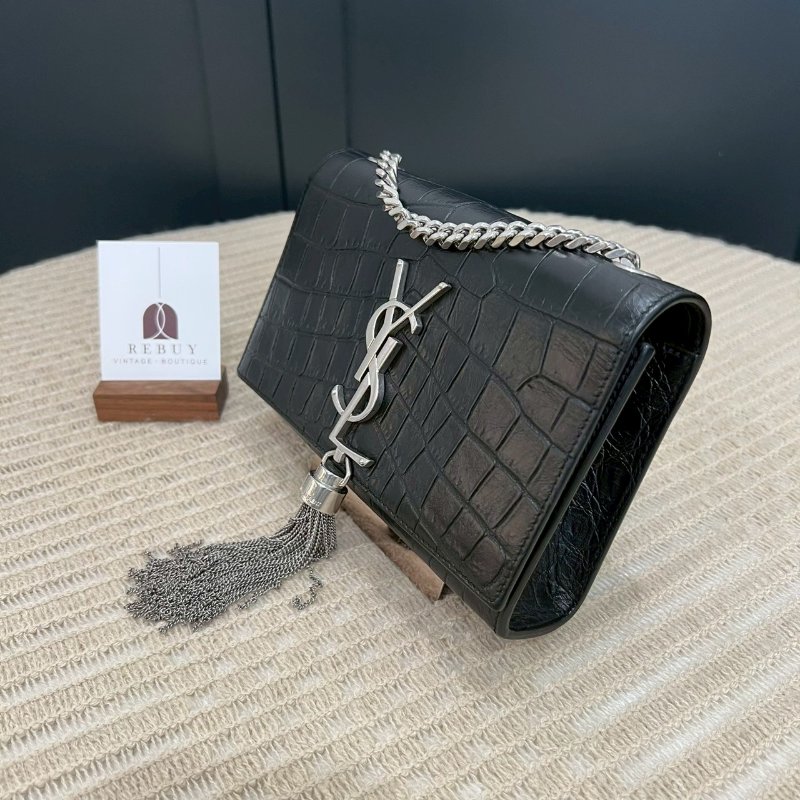 YSL 黑銀鱷魚紋流蘇kate mini鏈條包-2