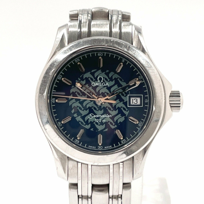 歐米茄海馬120雅克·馬約爾1997 2580.8手錶不銹鋼/不銹鋼銀色石英海軍藍錶盤女士腕錶F5048520-0