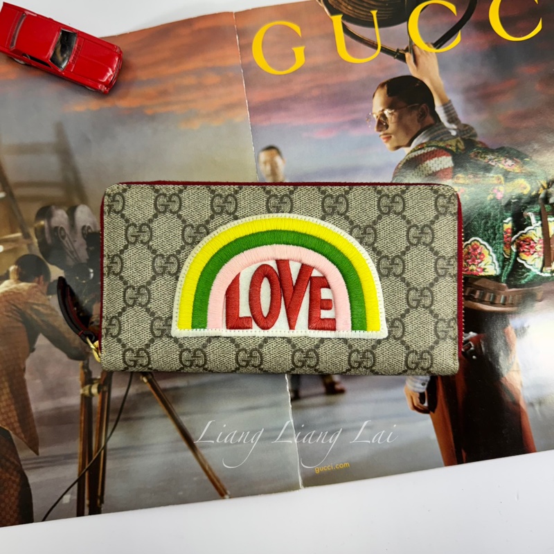 GUCCI 古馳 經典GG SUPREME帆布彩虹刺繡拉鍊紅色長夾-0