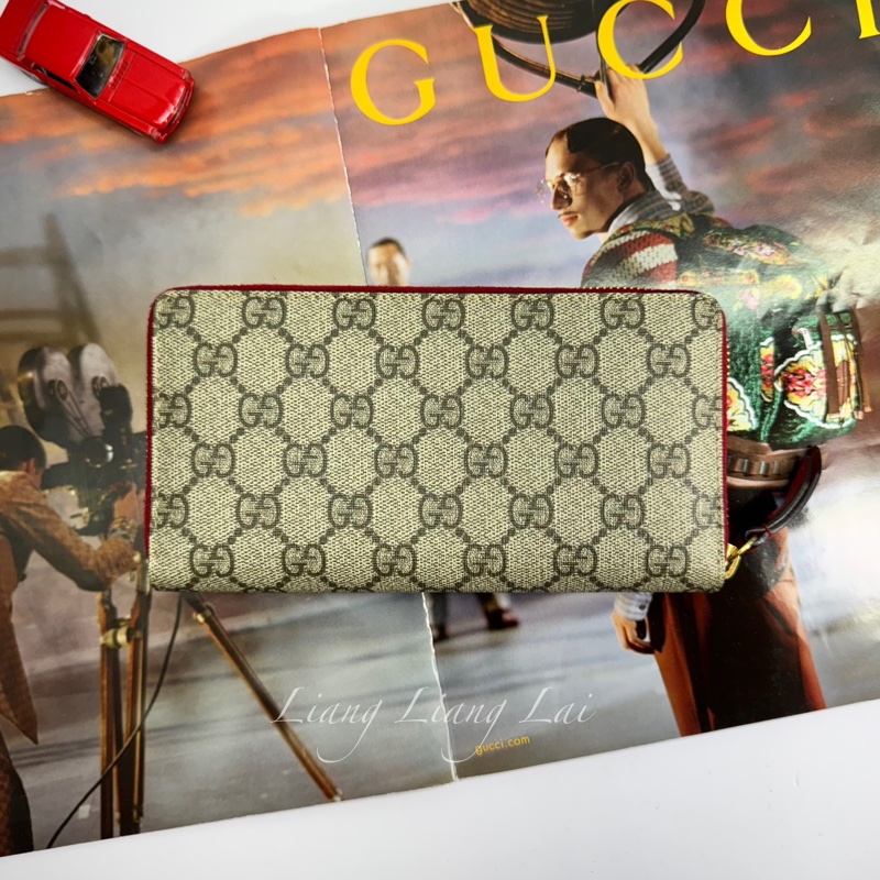 GUCCI 古馳 經典GG SUPREME帆布彩虹刺繡拉鍊紅色長夾-1