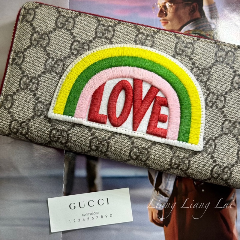 GUCCI 古馳 經典GG SUPREME帆布彩虹刺繡拉鍊紅色長夾-4