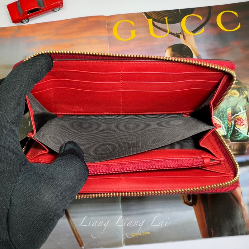 GUCCI 古馳 經典GG SUPREME帆布彩虹刺繡拉鍊紅色長夾-6